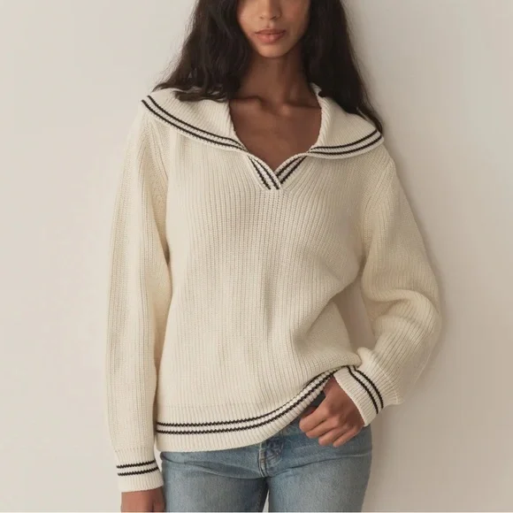 Doen Voyage Sweater NWT Cream Sailor Collar Cotton Wool Blend L - Picture 1 of 10